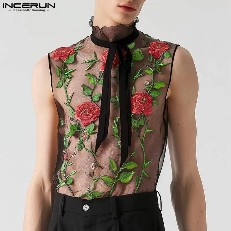 Sexy Fashion Style Tops INCERUN 2024 Men\'s Ribbon Design Vests Casual Clubwear Thin Embroidered Rose Sleeveless Tank Tops S-5XL