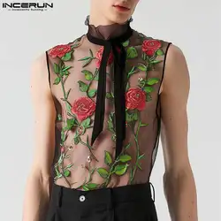 Sexy Fashion Style Tops INCERUN 2024 Men's Ribbon Design Vests Casual Clubwear Thin Embroidered Rose Sleeveless Tank Tops S-5XL