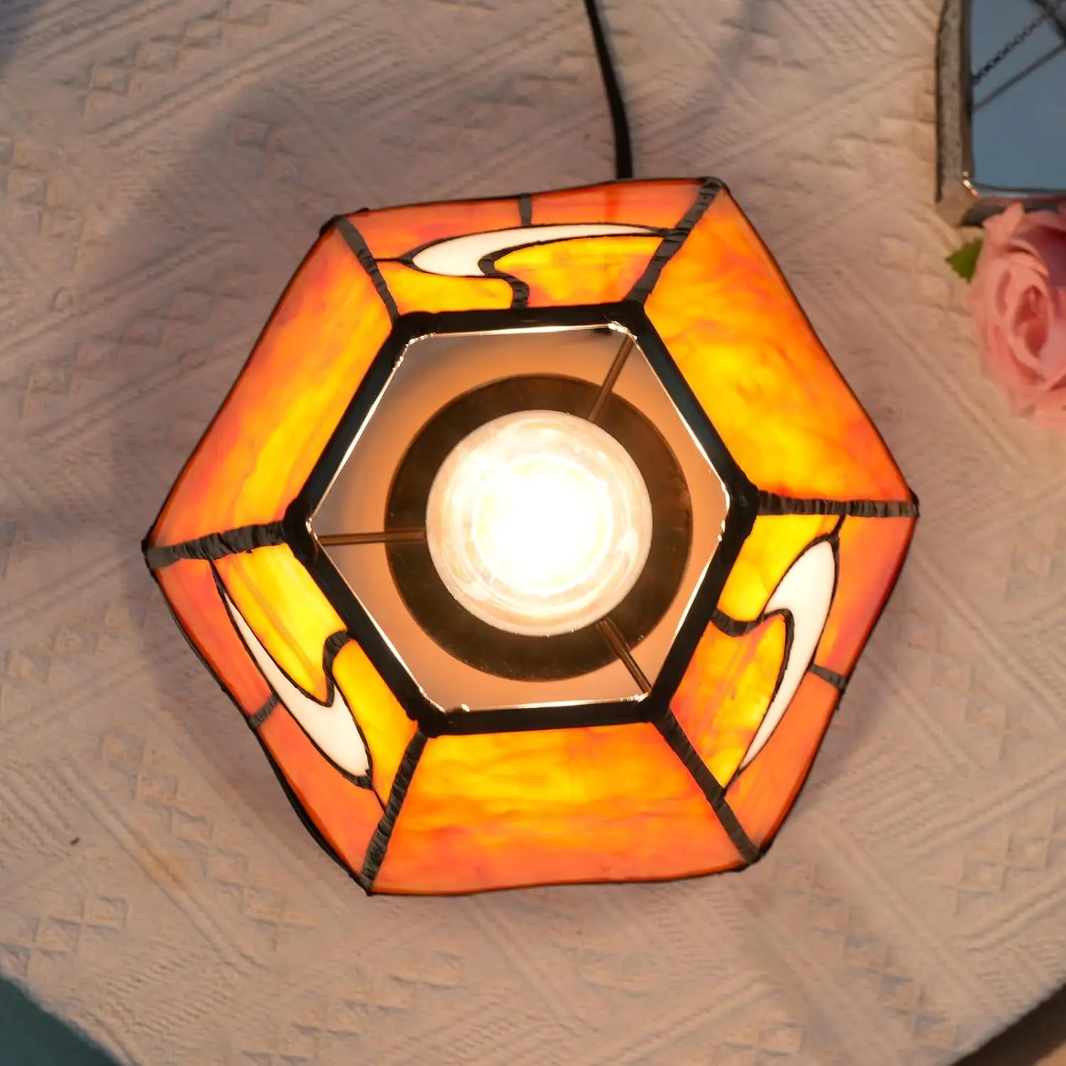 Mushroom Moon Stained Glass Table Lamp, Tiffany Style Bedside Light for Living Room Decor, Orange Gift