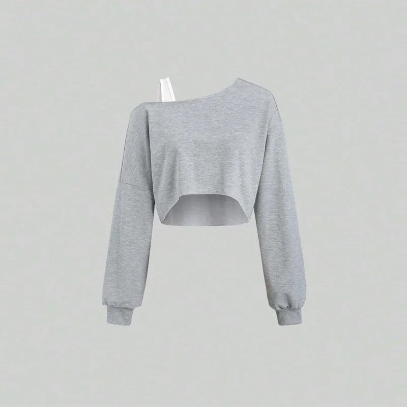 

Women'S Fashion Trend Sports T-Shirt Autumn And Winter Irregular Slanted Collar Long Sleeved Top