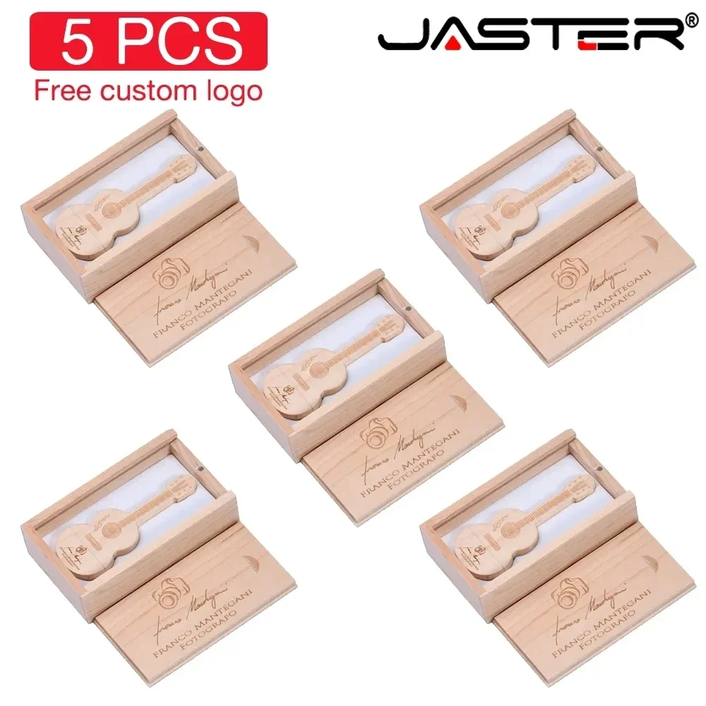 5PCS/LOT Free Custom logo Pen drive Guitar shaped USB flash drive Wooden box Memory Stick Music Pendrive 4G 16GB 32GB 64GB 128GB