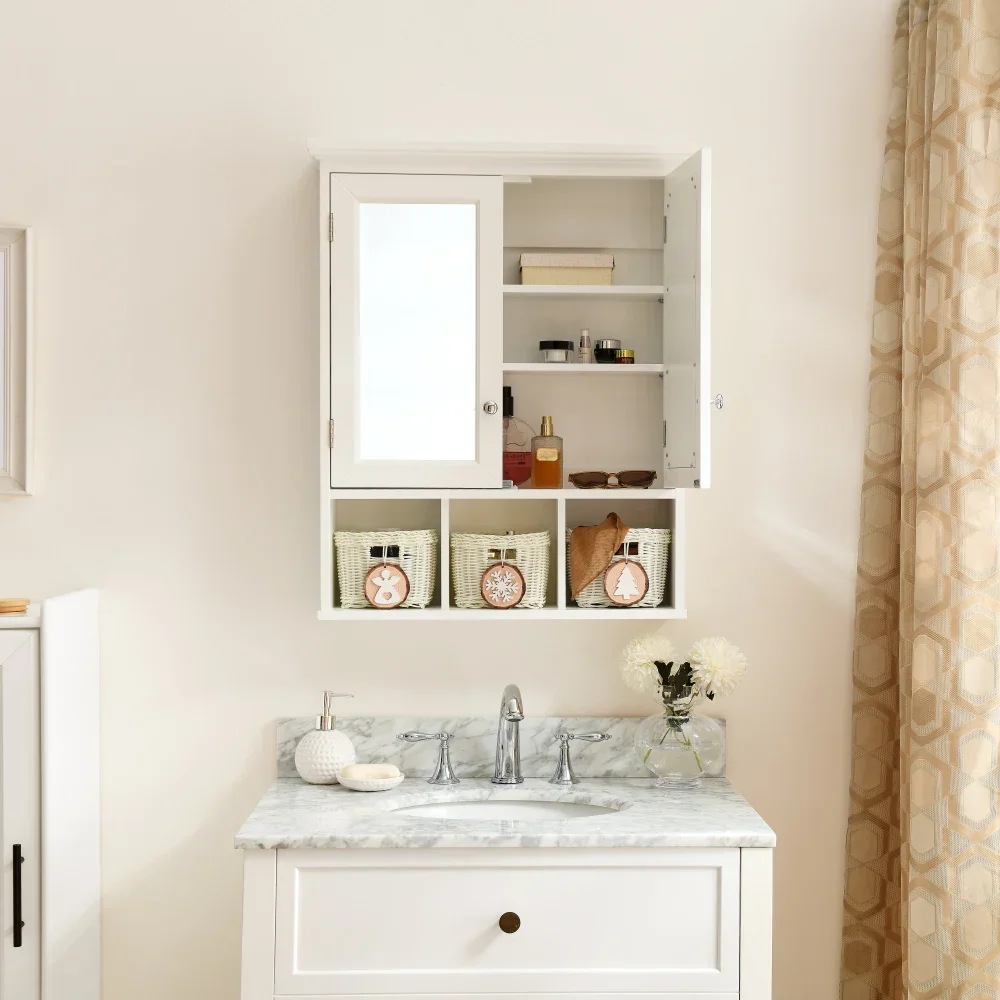 Bathroom Storage Cabinet, Medicine Cabinets for Bathroom, 2 Doors 2 Adjustable Shelf + 3 Christmas Style Storage Basket.