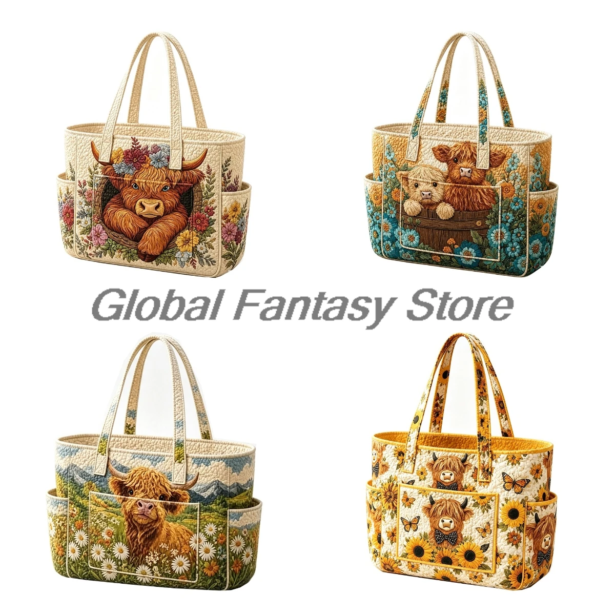 Highland Cow Floral Print Quilted Tote Bag Boho Multiple Pockets Shoulder Handbag Women Daily Shopping Bags