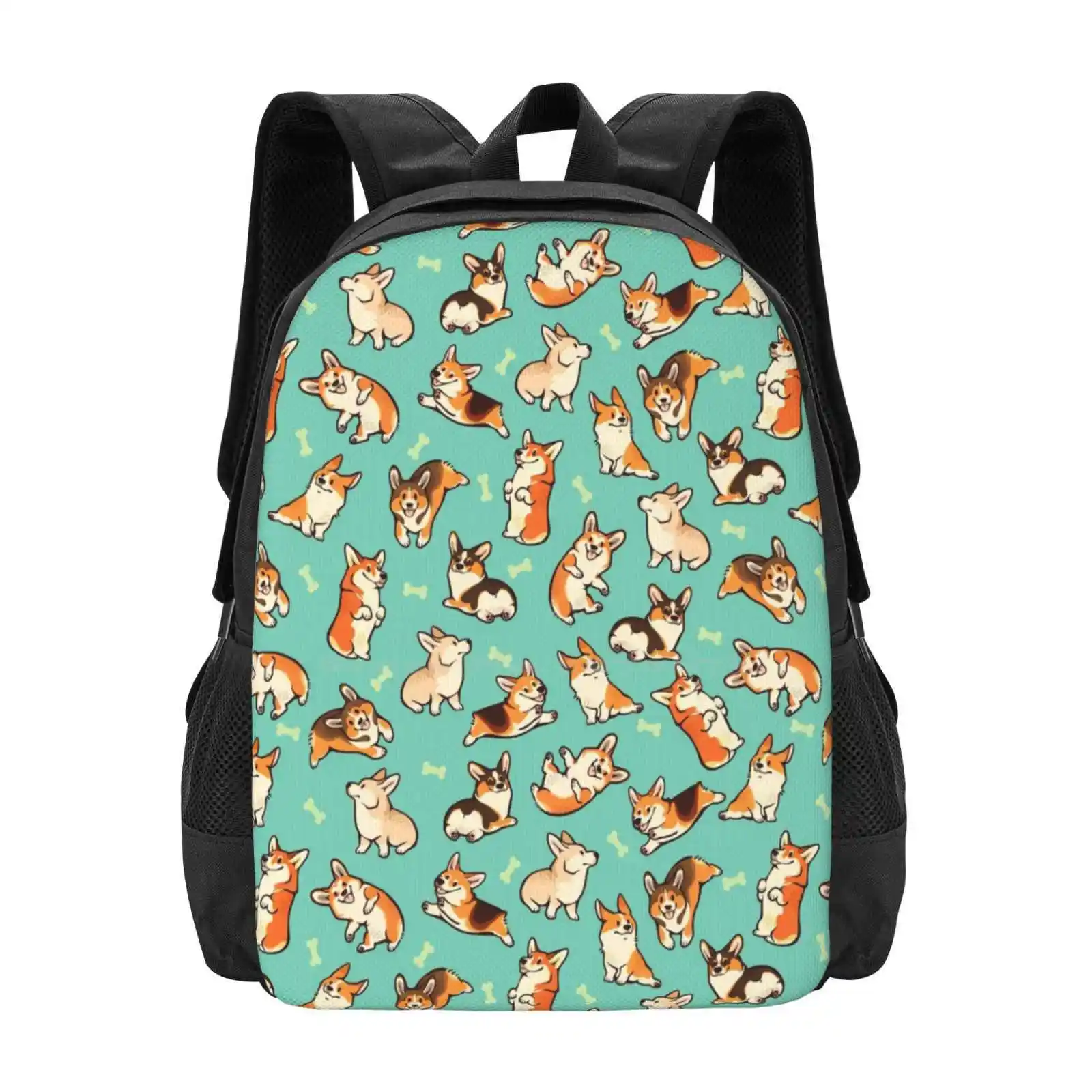 Jolly Corgis In Green 3D Print Design Backpack Student Bag Pembroke Welsh Corgi Dog Pattern Cute Green