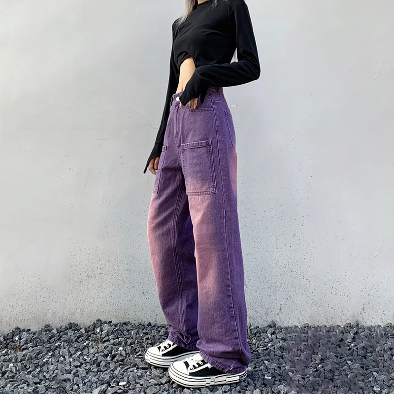 Women Korea Style Gradient Purple Color Jeans Spring And Summer Commuting Pants High Waist Wide-leg Fashion Women\'s Trousers