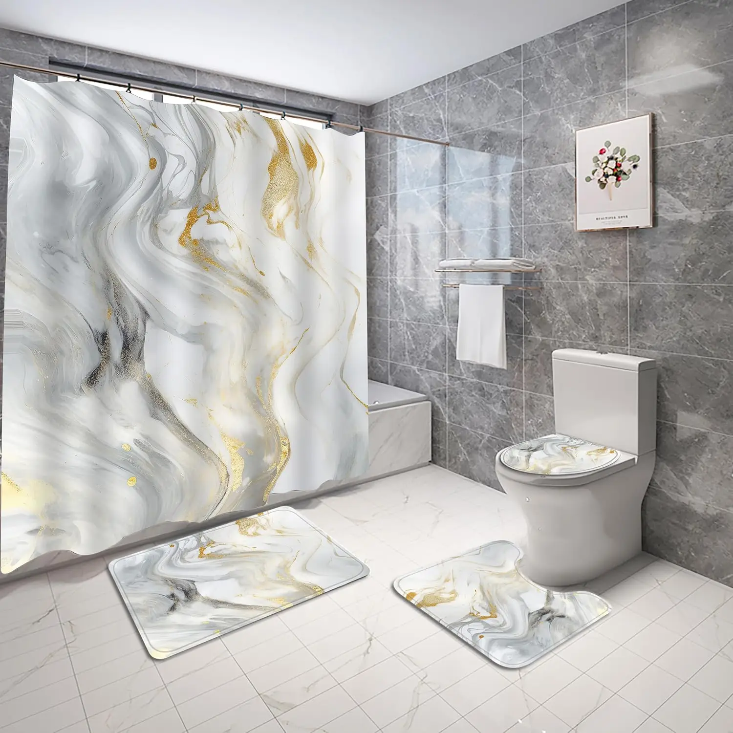 

4Pcs Grey Gold Marble Shower Curtain Sets, Bathroom Sets with Shower Curtain, Toilet Lid Rug, Contour Mat and Bath Mat