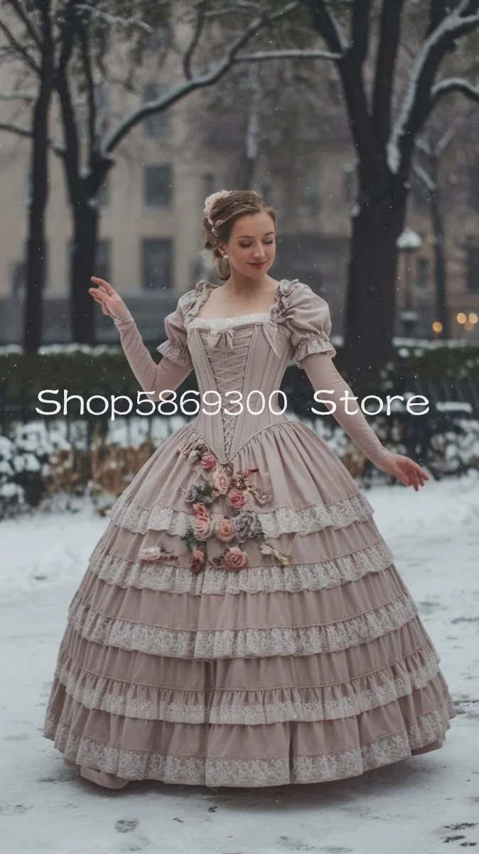 สีชมพูเก่าเจ้าหญิง Victorian Lolita ชุดราตรี Customized 3D Floral Lace-up Corset Puffy เดินสงครามกลางเมืองชุดราตรี