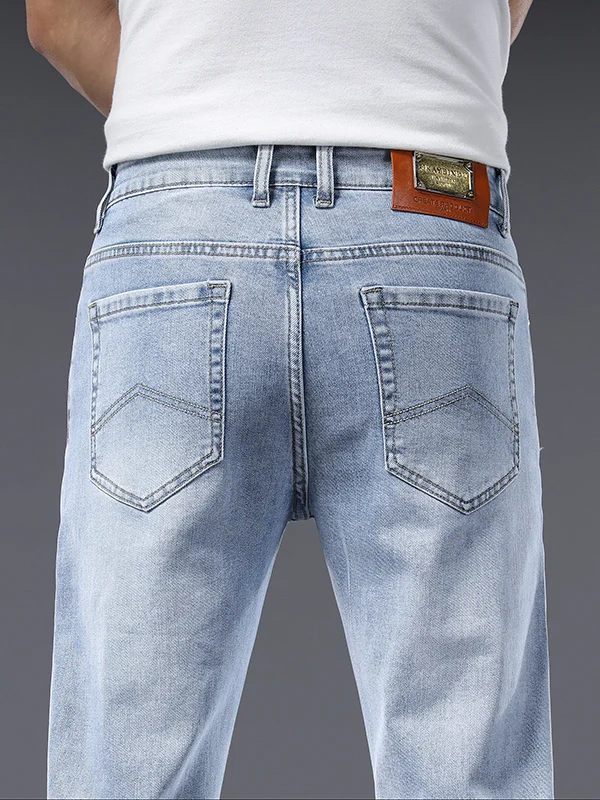 

Мужские летние тонкие джинсы Slim Fit, прямые, из хлопкового стрейч-денима, со средней посадкой, длинные брюки, молодежные, модные, повседневные, современные, стильные