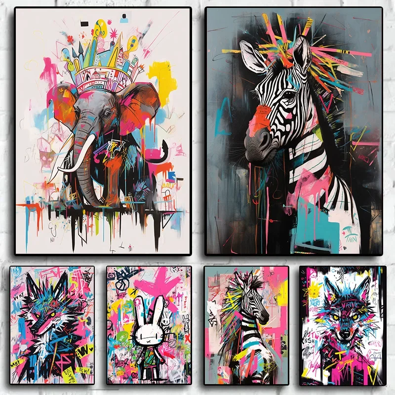 Affiche murale classique abstraite, graffiti, lion, éléphant, esquisse d'anime, impression sur toile HD, décoration pour la maison, le salon et la chambre à coucher