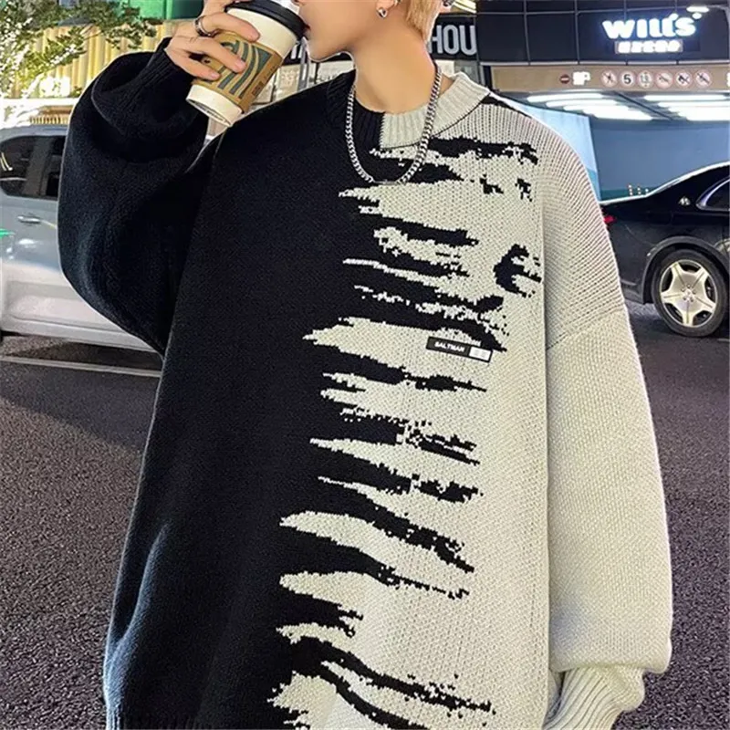 

Y2K Autumn New Mens Pullover Sweaters Black Color Blocking Oversized O-Neck Wool Knitted Man Loose Streetwear Knitwear Pull Homm