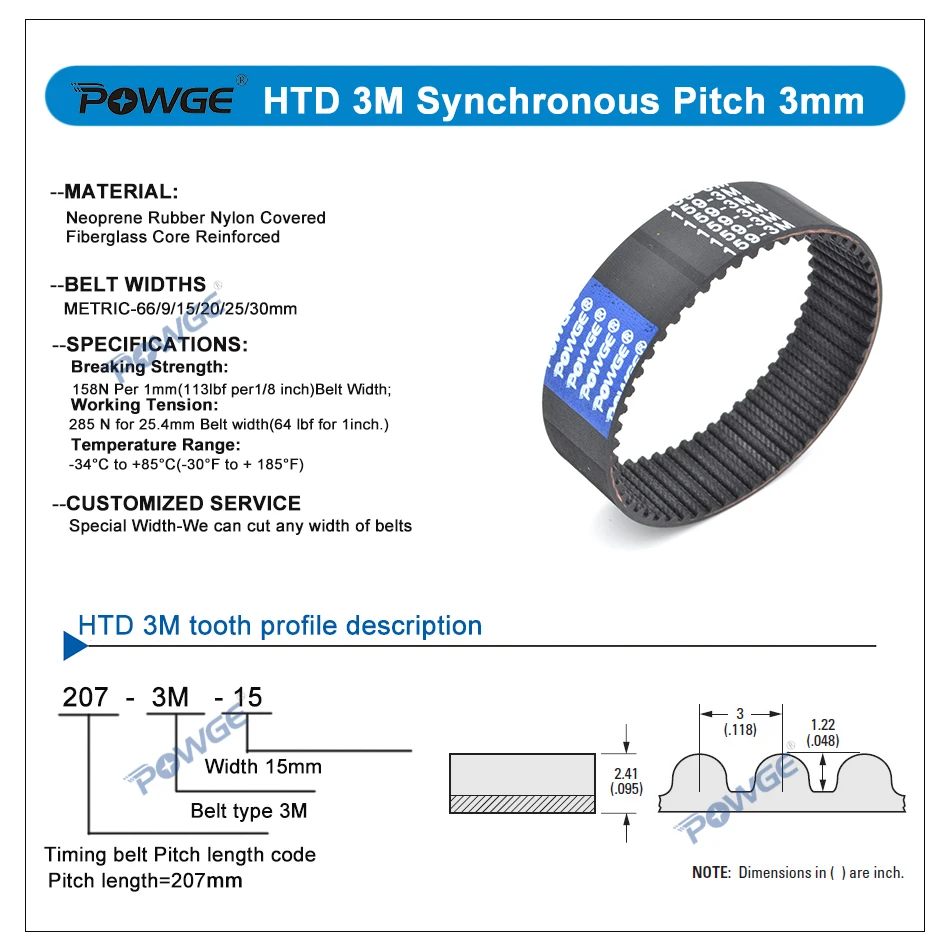 POWGE Shredder HTD 3M Synchronous Timing belt 207-3M-9 Pitch length 207mm width 6/9/15/20/25mm Teeth 69 Rubber HTD3M closed-loop