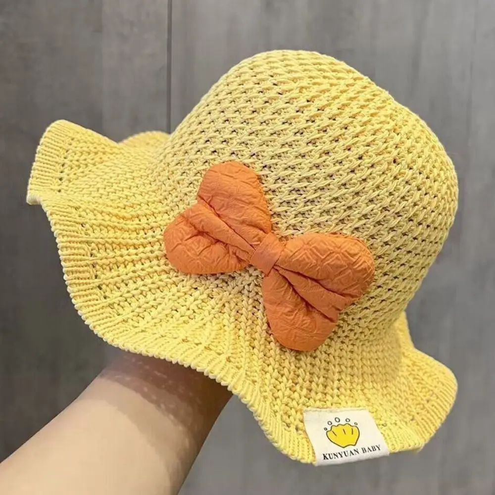 

Cute Sweet Summer Bucket Hat Big Bowknot Breathable Princess Sun Hat Wide Brim Hollow Out Beach Hat Girls 3-8 Years Old