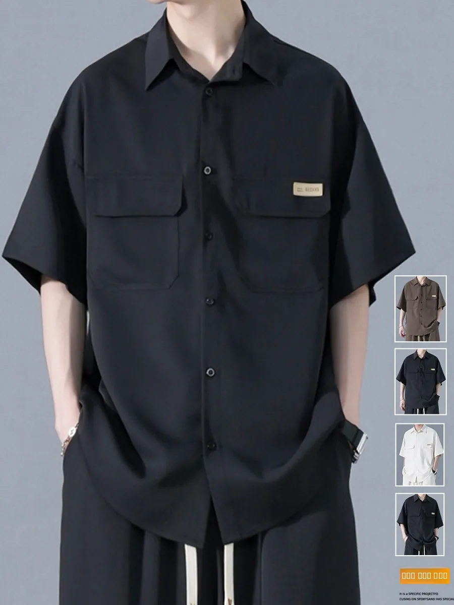 

American Style Ice Silk Workwear Short Sleeve Shirt Men Summer Thin Casual Loose Fit Shirt Button down Youth Trend Summer Wear