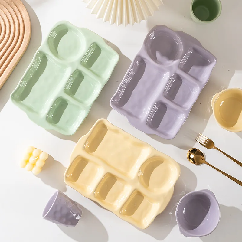 Japanese Macaron Underglaze Color Double Ear Divided Plate Rice Bowl Tea Cup Simple Home Ceramic Tableware Set