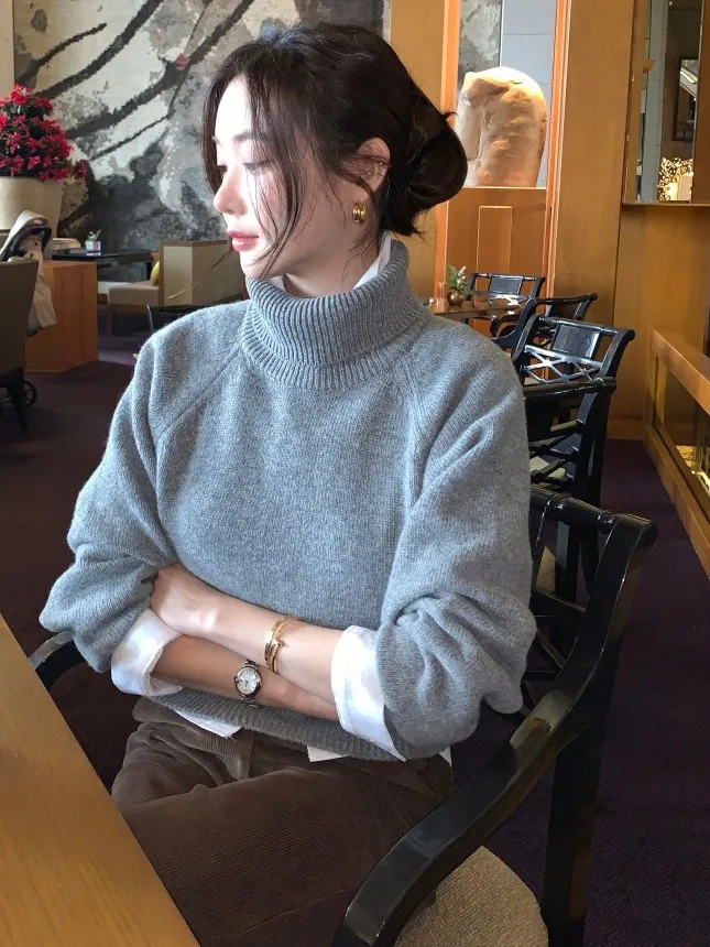 

Ele High Collar Long Sve Knitwear Women's Faion Retro Sle Sweater Premium Feel Winter New Arrival