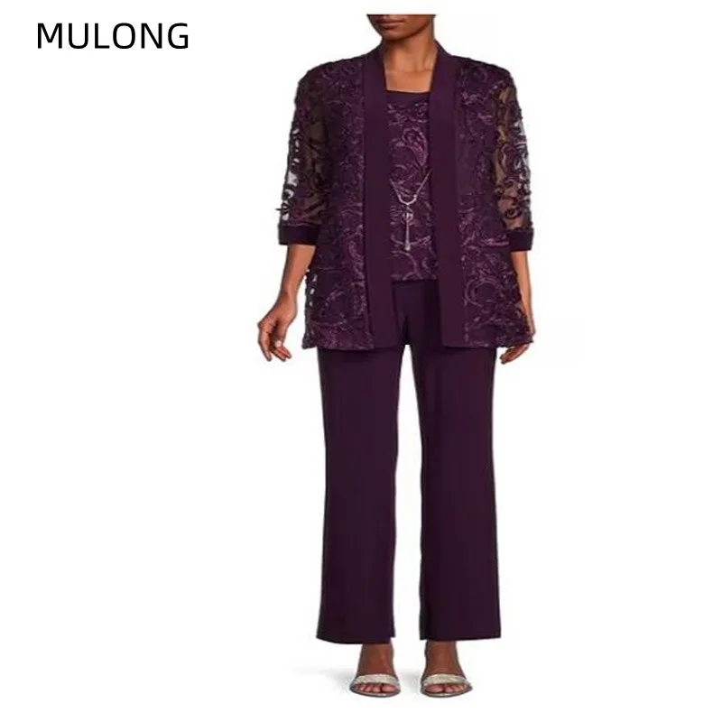 MULONG Summer Long Sleeve Lace Mother Wedding Pants Suit O Neck Floor Length 3 Piece Elegant Dresses Woman Party Dress New 2023