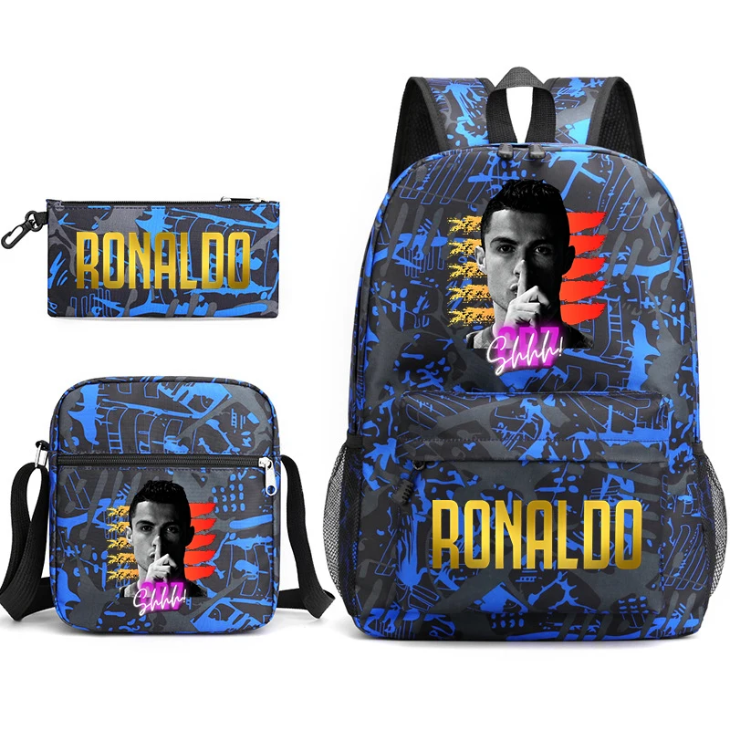 Ronaldo impresso conjunto de mochila infantil estudante saco de escola bolsa de ombro estojo de lápis conjunto de 3 peças universal para meninos e meninas