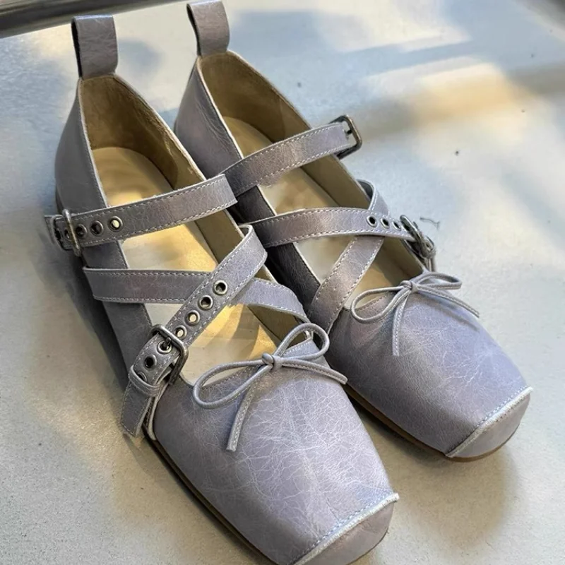 Vintage Bow Designer Metal Buckle Purple Apricot Ballet Flat Shoes for Women 2024 Spring Summer New Square Toe Mary Jane Shoes