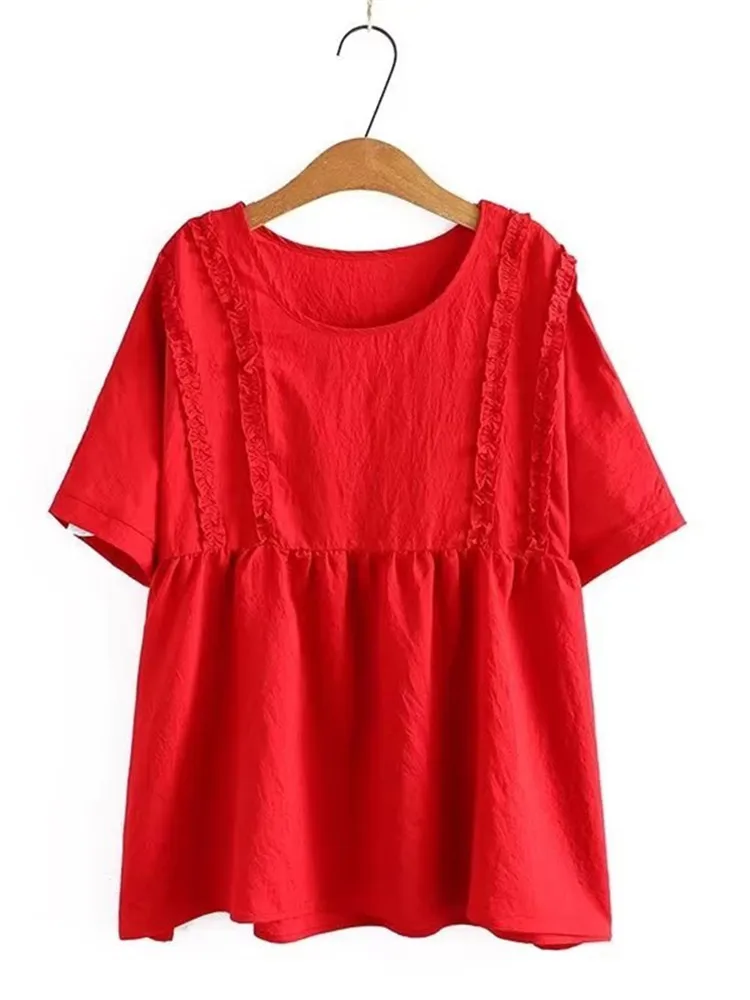 

Plus Size Women's Clothing T-Shirt Solid Coloured Blended Cotton Top Without Stretch Loose O-Neck Doll Shirt With Ruffle Trim