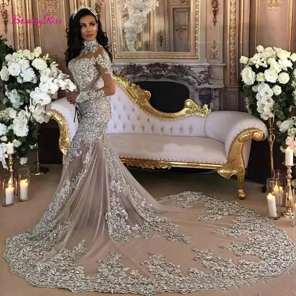 Vestidos de novia brillantes de lujo árabe de Dubái, Apliques de encaje con cuentas brillantes, cuello alto, ilusión, mangas largas, vestido de novia de sirena