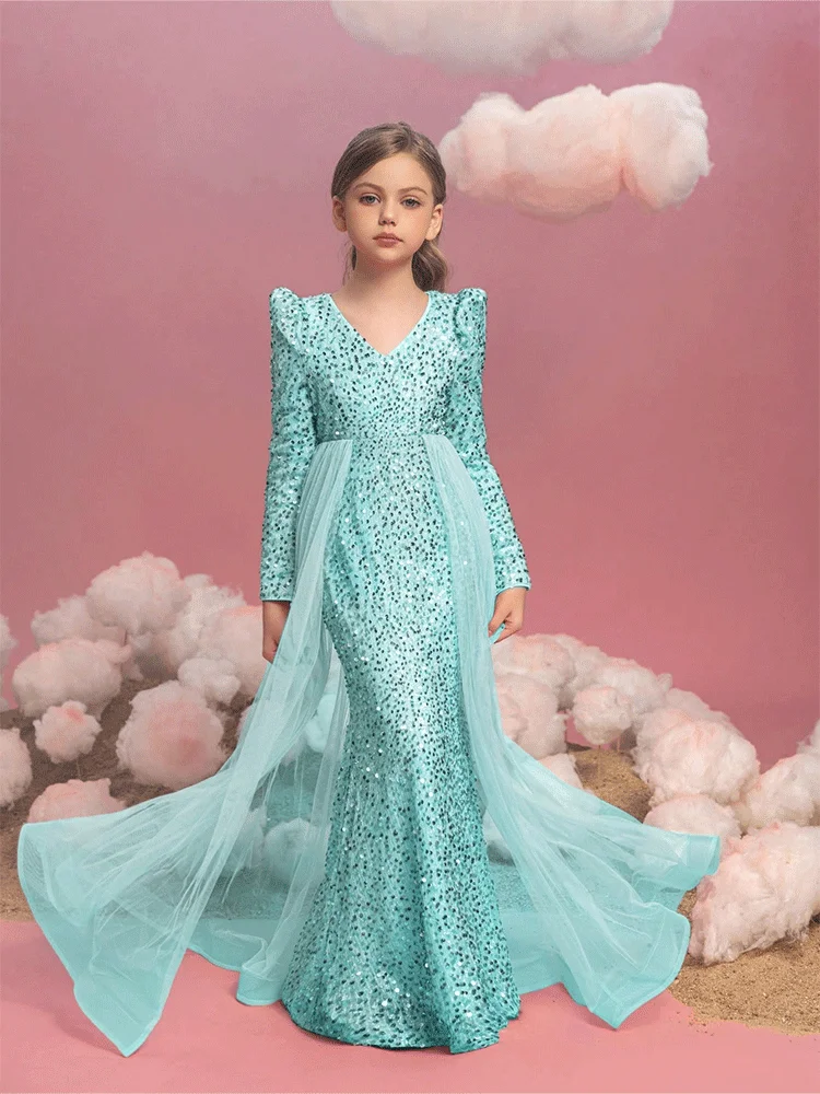 Vestido de noche de fiesta de cumpleaños para niñas, vestido verde de manga larga con cuello en V, brillante, hasta el suelo al techo, vestido de flores para niñas, vestido de Color caramelo