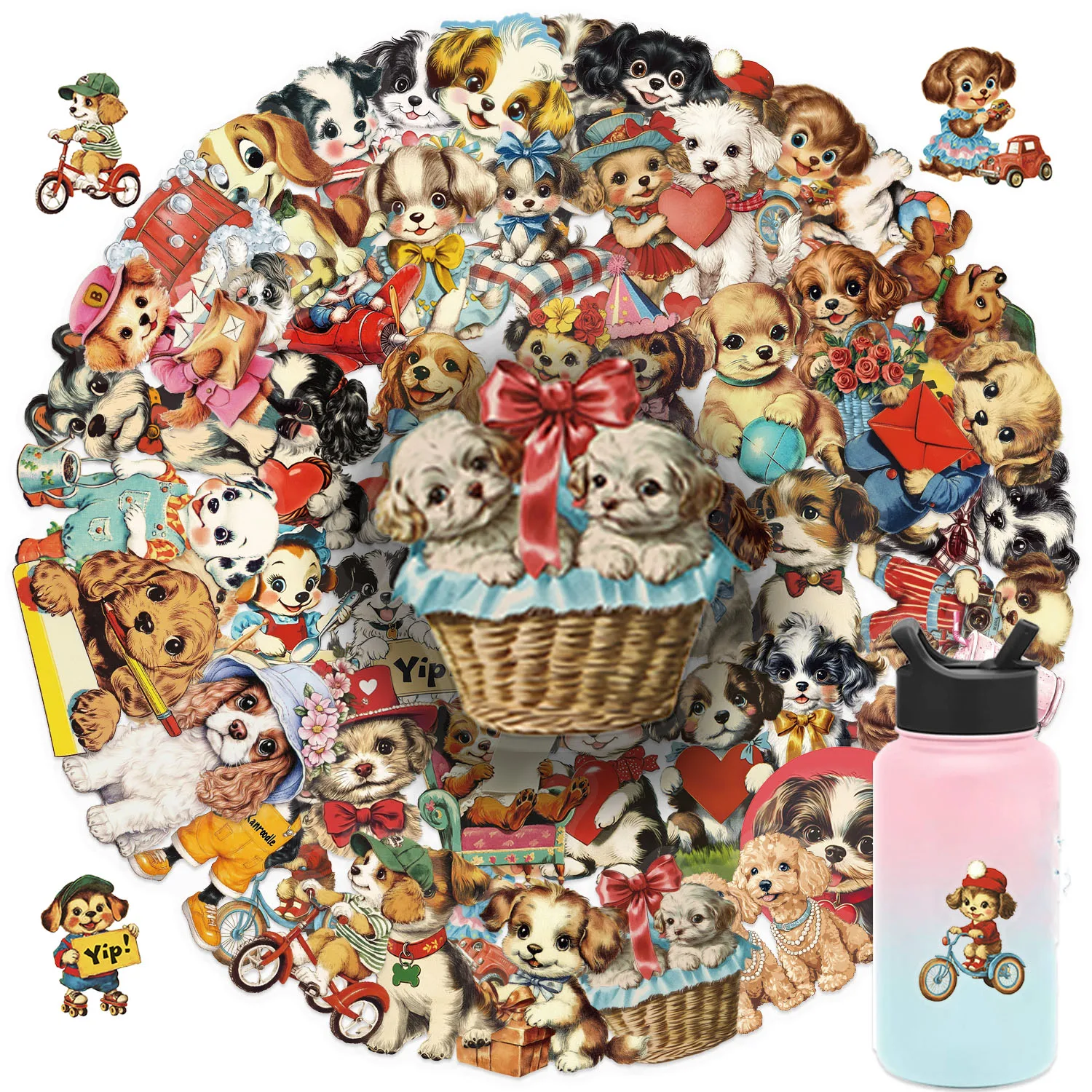 50枚 レトロ アメリカン パピー 透明ステッカー 犬 動物 デカール パーティー装飾 ホームアクセント 荷物 スクーターなど用