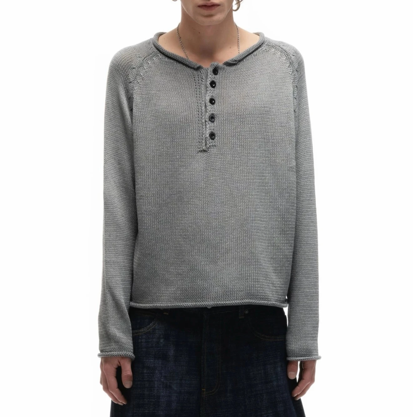 No faith grey curled button-up crew-neck knit long-sleeved top
