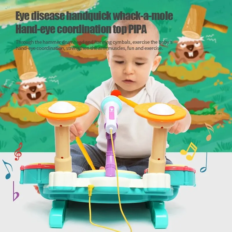 Kids Drum Set Toy for 3 Year Old Girl with Musical Instruments Microphone Lights Piano Keyboard Early Learning Educational Toys