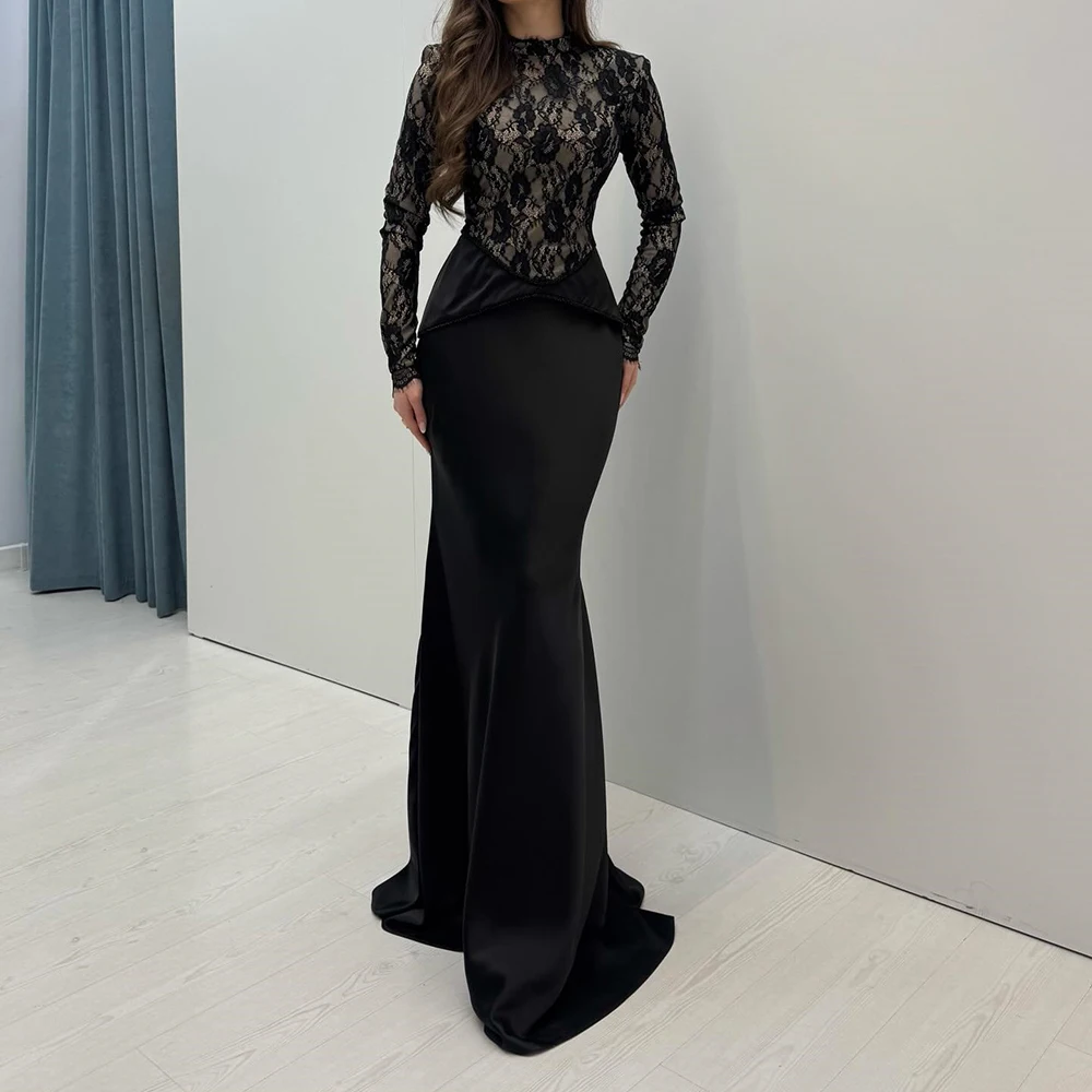 

Customized Black A-line Evening Dresses Floor-length High-neck Full Sleeve Prom Gown Fashion Lace Simple Draped Party Gown