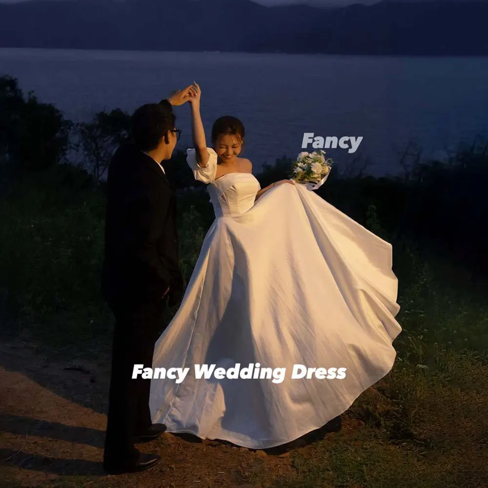 Fancy Korea Elegant Strapless Wedding Dress A Line Soft Satin Evening Dress Remove Sleeve Back Corset Customized 웨딩드레스