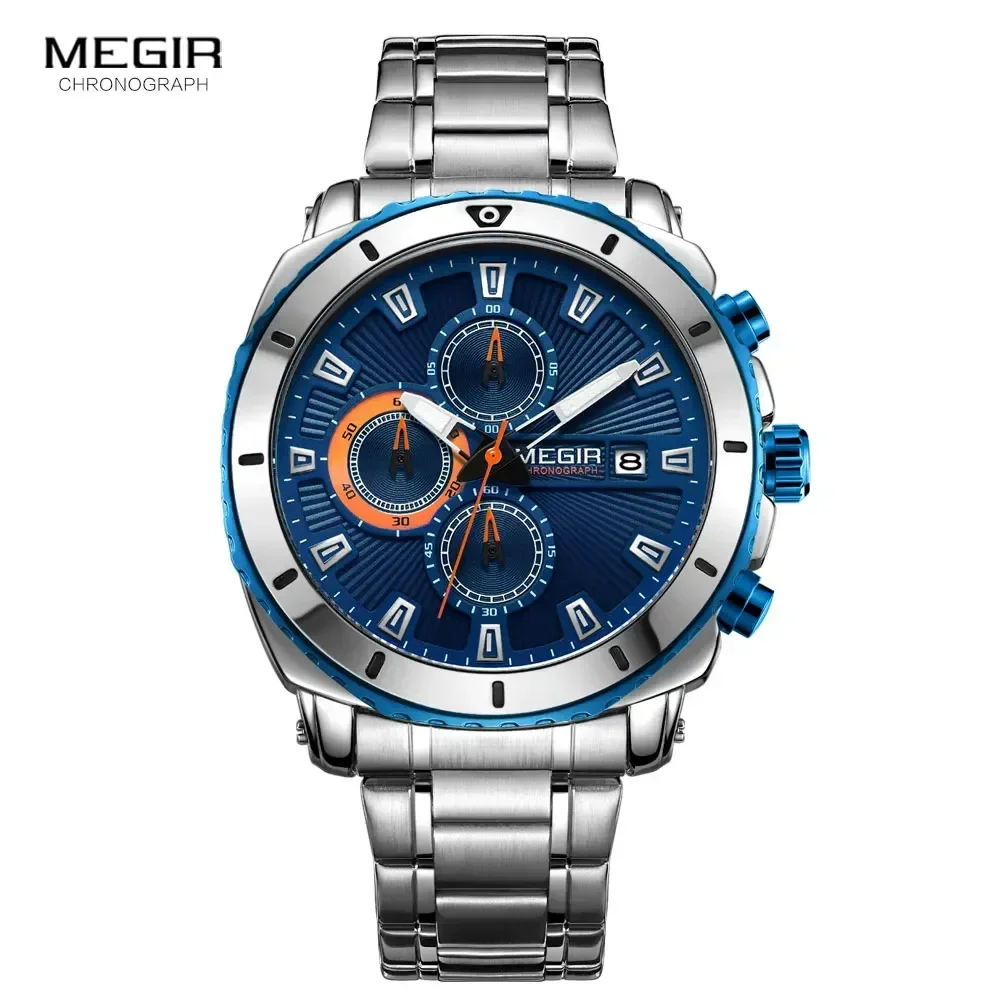 MEGIR Men's Blue Dial Chronograph Quartz Watches Fashion Stainless Steel Analogue Wristwatches for Man Luminous Hands 2075G-2