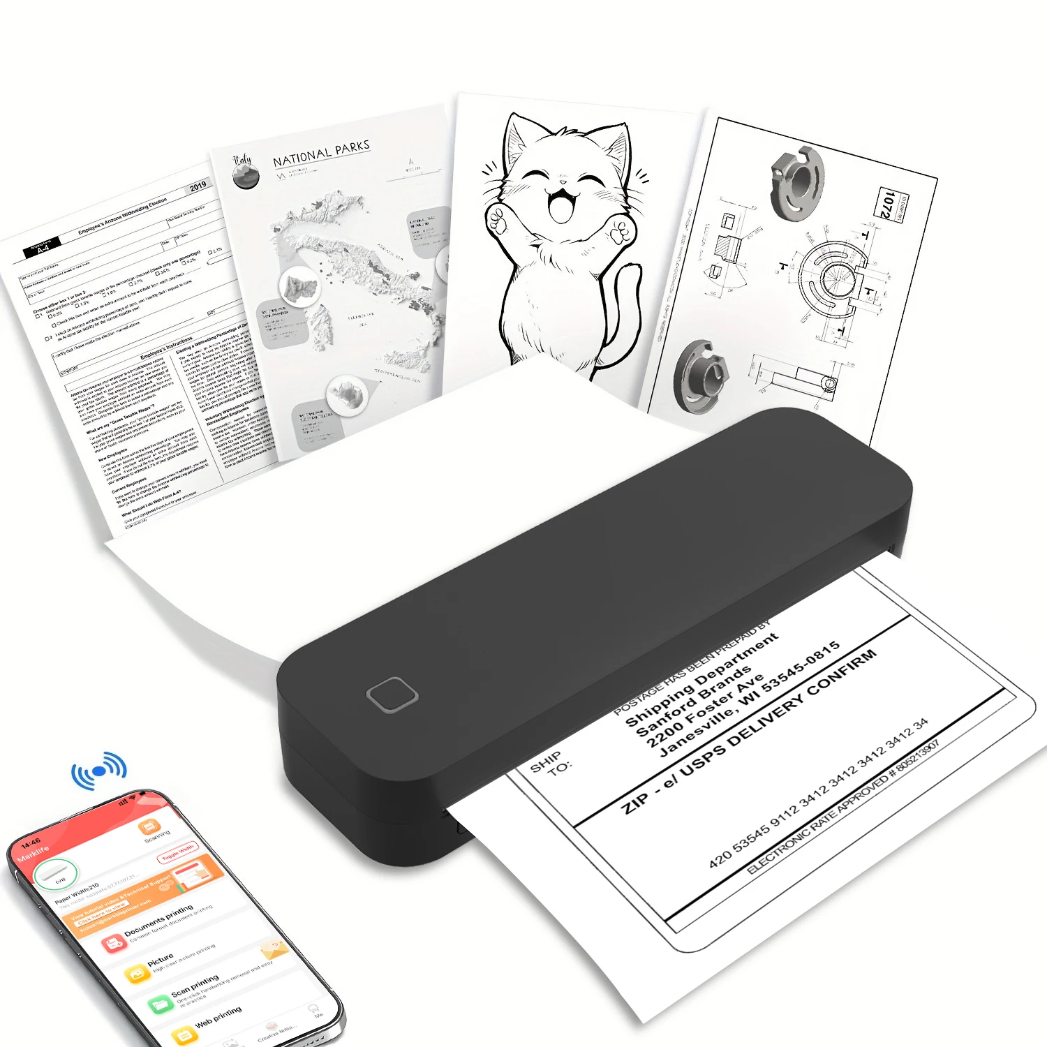 Marklife Thermal Label Printer D210 Portable Bluetooth A4&Tattoo Inkless Wireless Printer Used For School Office Home Business