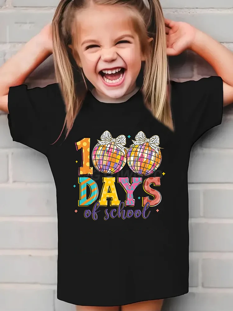 Glitter 100 Days Shirt Design Children Clothes Girl Disco Ball 100 Days of School Fashion T-shirt Retro School Bows Tee Clothes