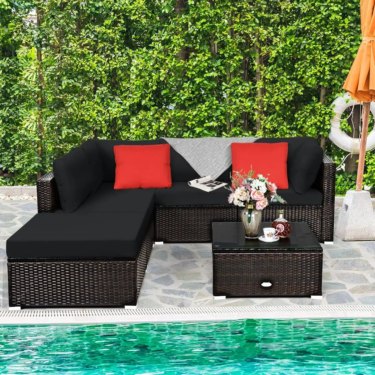 

Tangkula 6 Piece Patio Furniture Set, Outdoor Deck Lawn Backyard Durable Steel Frame PE Rattan Wicker Sectional Sofa Set