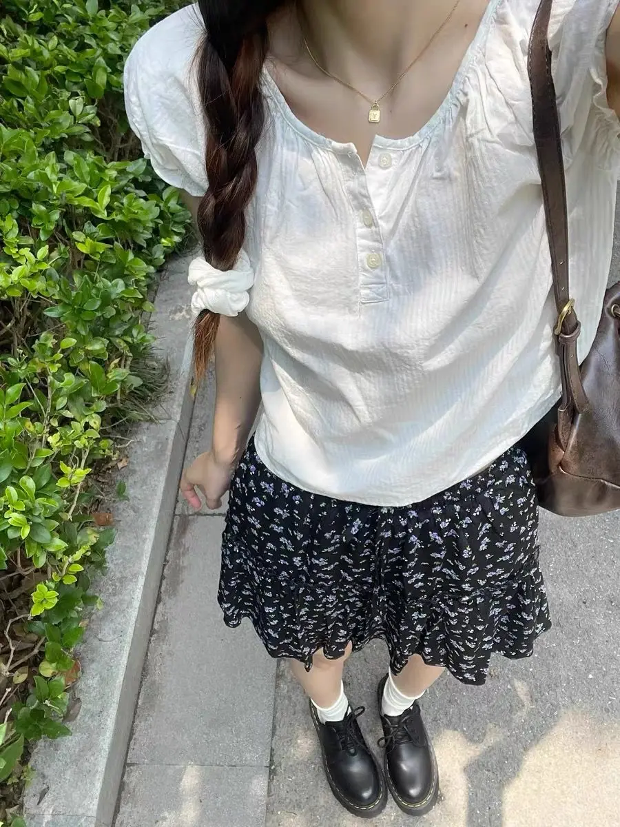 

Plus Size Cute American Retro Bubble Sve irt Tee Button ort Sve White irt Commute High Waist Loose Fit Summer Casual Top
