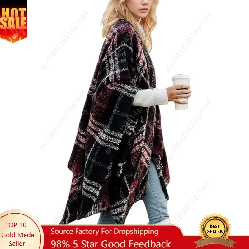 شال نسائي يلتف مفتوح من الأمام أثناء السفر، سترات منقوشة كبيرة الحجم دافئة، شالات صوفية غير رسمية #1