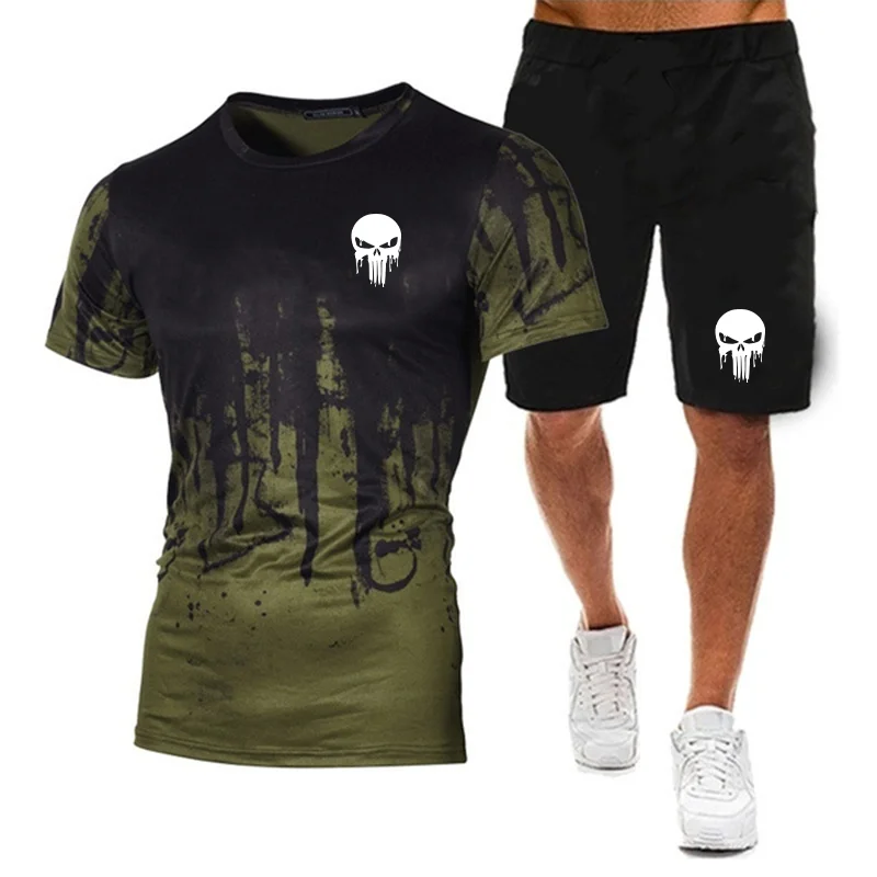 Men\'s Two Piece Summer New Gradient T-shirt and Shorts Set Fashionable Skull Print Street Wear Casual Sports Men\'s Clothing