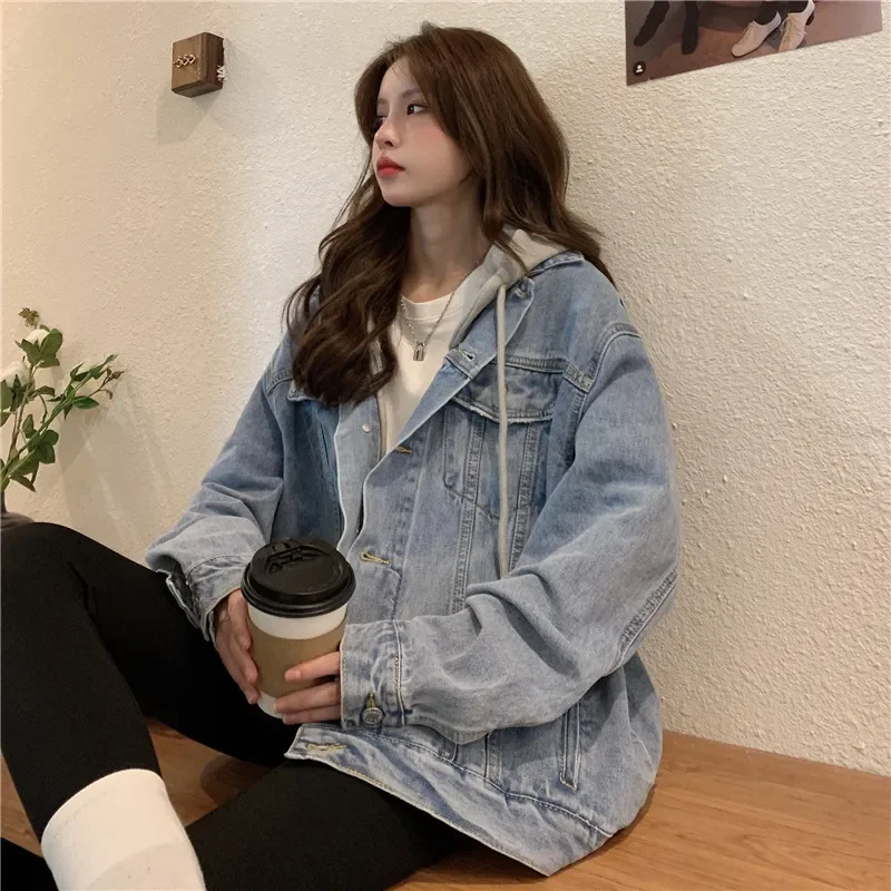 

2025Autumn vintage denim hooded loose women jacket casual long sleeve denim comfortable hooded top trendy streetwear