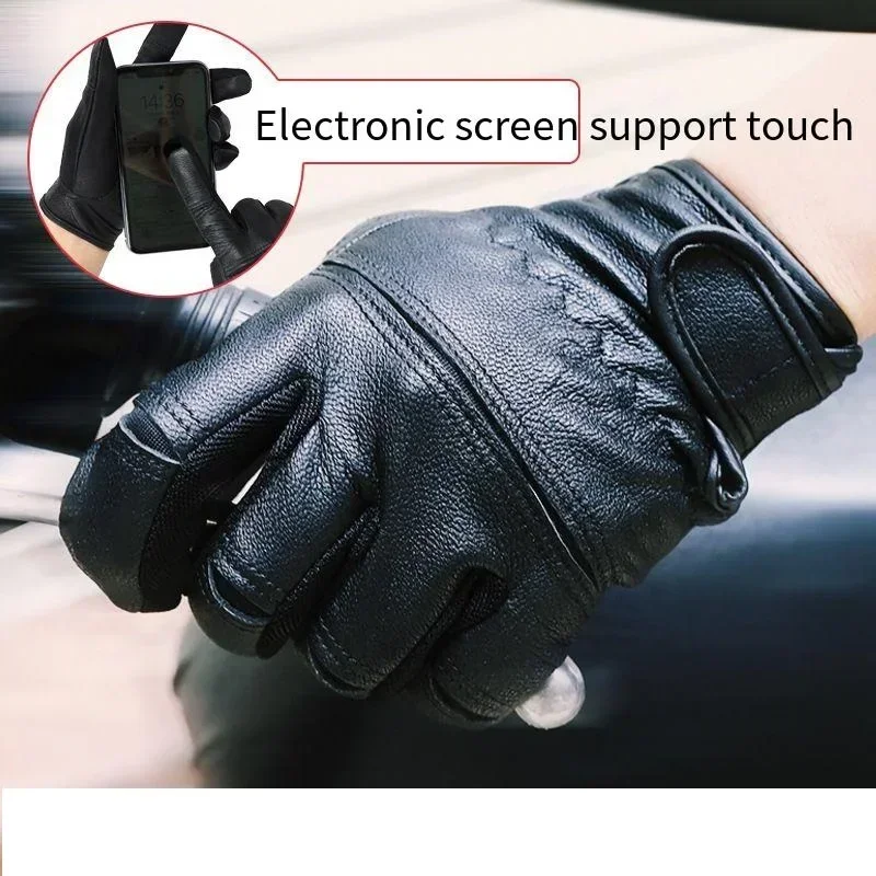 

Sheepskin Driving Gloves Leather Men's Motorcycle Glove Warm Touch Screen Leather Protection Wear Resistance Cycling Protection