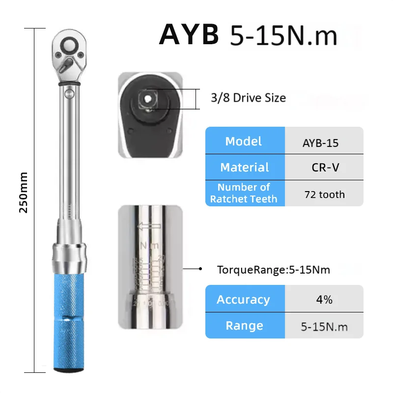 

ALIYIQI AYB 5-15N.M 3/8 Inch Square Drive Preset Torque Two-way Ratchet Socket Wrench 3% Hand Spanner Bicycle Repair Tools