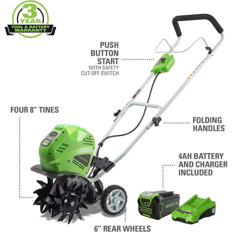 Cordless Tiller / Cultivator, 4.0Ah bateria e carregador incluído, verde, 40V, 10"