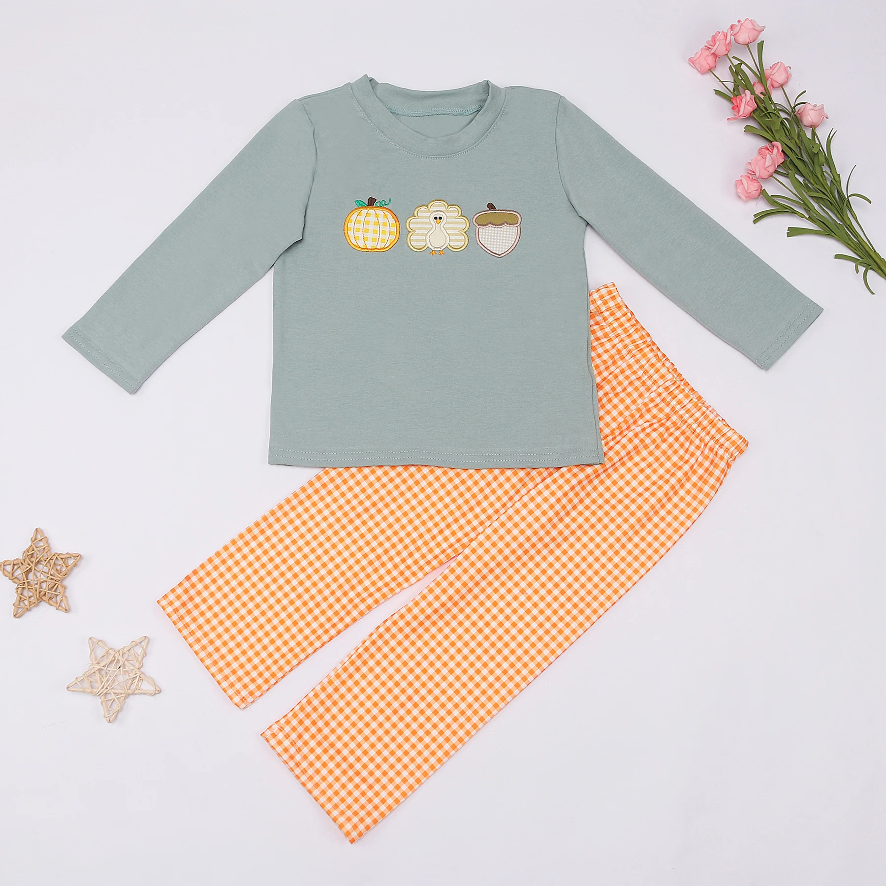 Baby Cotton Long Sleeve T-shirt Set Round Neck Turkey And Pumpkin print Boy Grey Top Clothes And Orange Lattice Pants With Bow