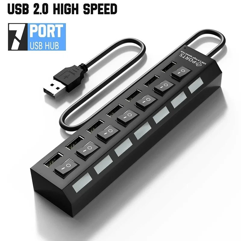 7 In 1 USB 3.0 Hub Multi USB Splitter Hub USB Power Adapter Multiple Expander USB 7 Port Hub With LED Lamp Switch For PC Laptop