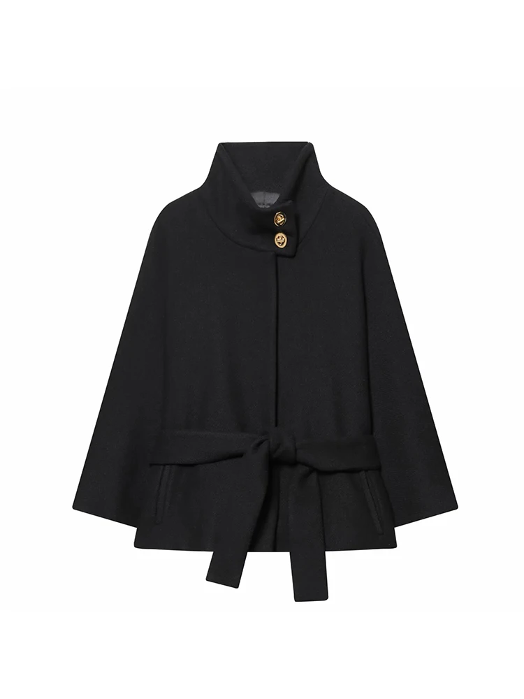 المرأة الجديدة الدانتيل يصل عالية الرقبة جاكيتات للنساء حزام فو الصوف يمزج كيب معاطف الخريف الشتاء الدافئة أنيقة عباءة معطف السيدات