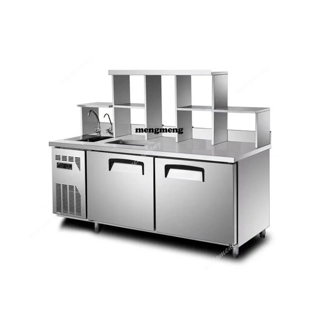 Commercial Stainless Steel Milk Tea Shop Counter Custom Made Boba Tea Preparing Refrigerate Working Bar Worktable