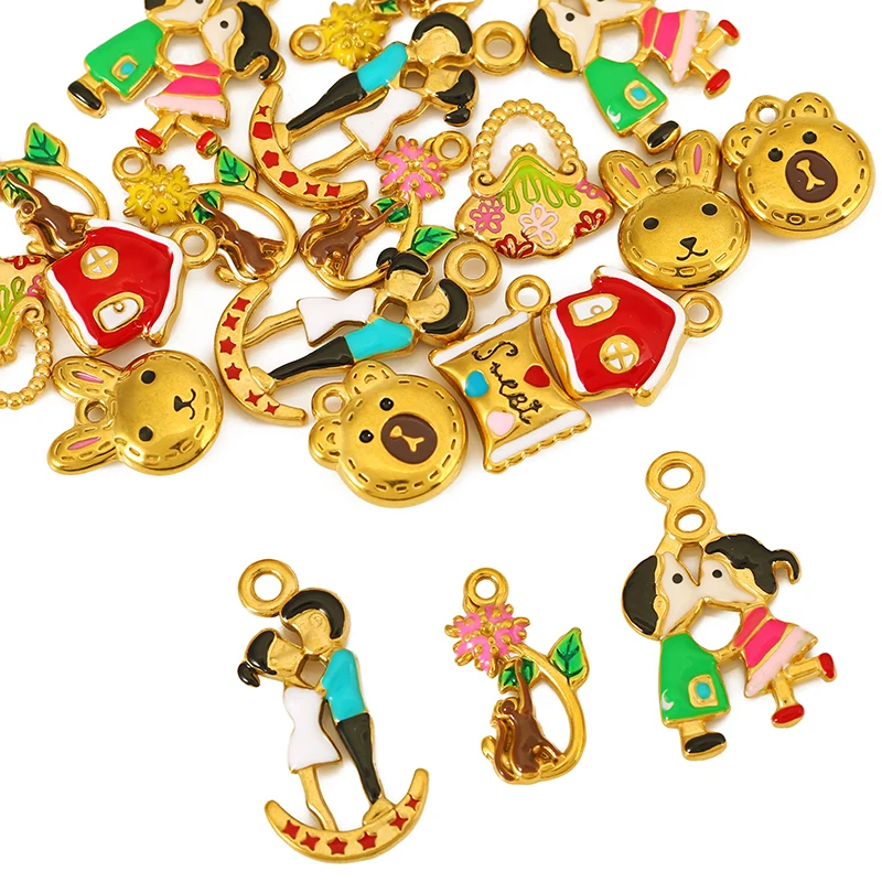 3pcs Stainless Steel Enamel Flower House Rabbit Bear Gold Small Charms Companion Pendants for Jewelry Making Diy Bracelets