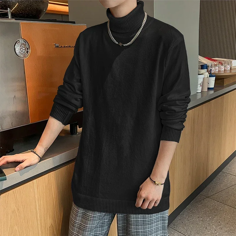 Sweater rajut leher tinggi pria, atasan Pullover leher tinggi Mode Korea Slim Fit hangat Turleneck musim gugur/musim dingin