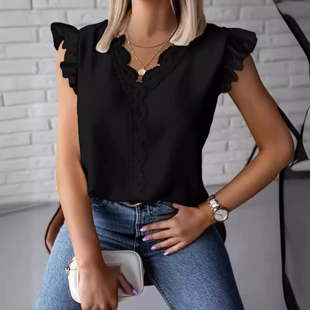 Tops Summer Ruffle Edge Minimalist V-neck Lace Patchwork Loose Shirt For Women\'s White Sleeveless Blusas Elegantes Mujer Blouses