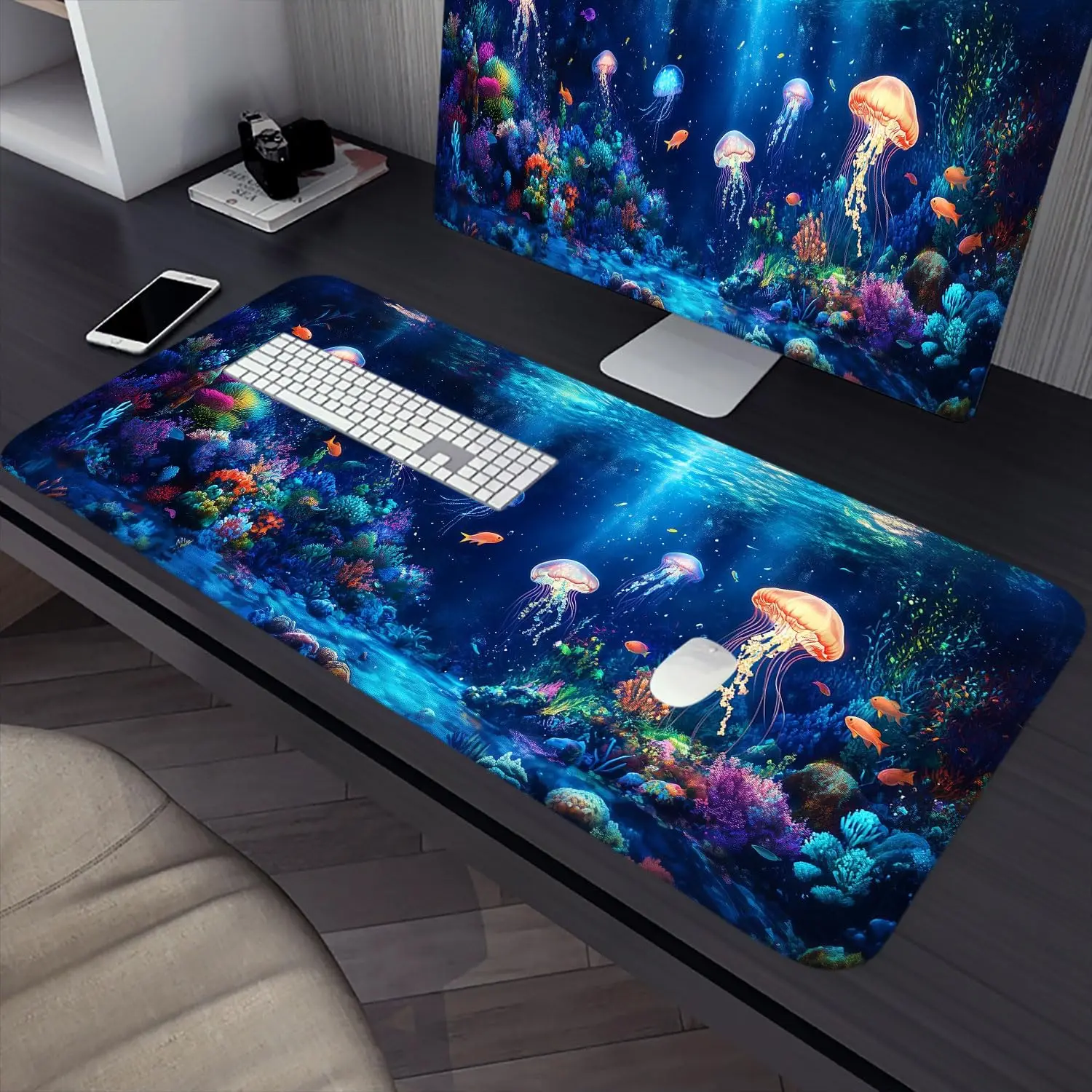 Ozean-Quallen Gaming-Mauspad Farbenfrohe Unterwasser-Fische Korallen XL Erweiterungspad Computer Büro Tastatur Schreibtischunterlage Dick Rutschfest