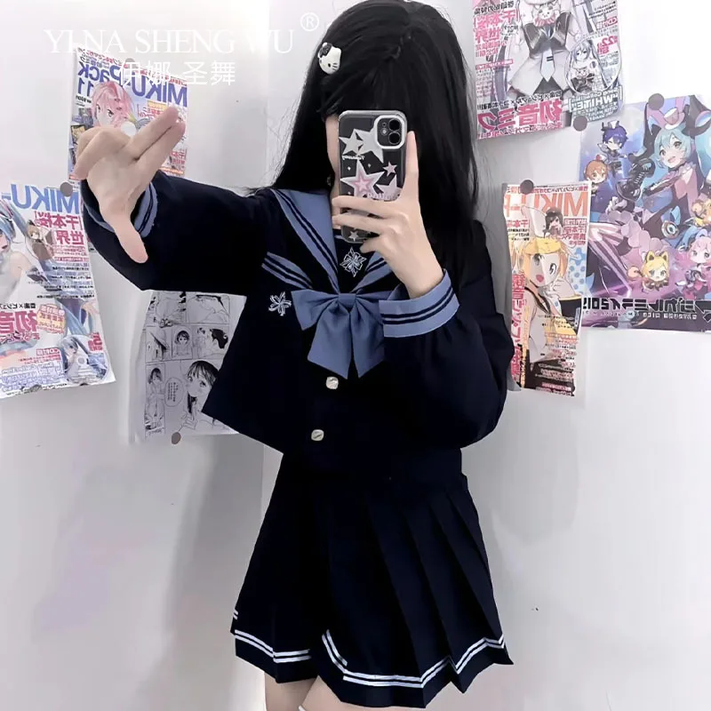 학생회 JK 코스프레 세일러 세트 플리츠 스커트, 긴팔 상의, 네이비 칼라, 활 타이, 대학 스타일, 일본 한국 세트